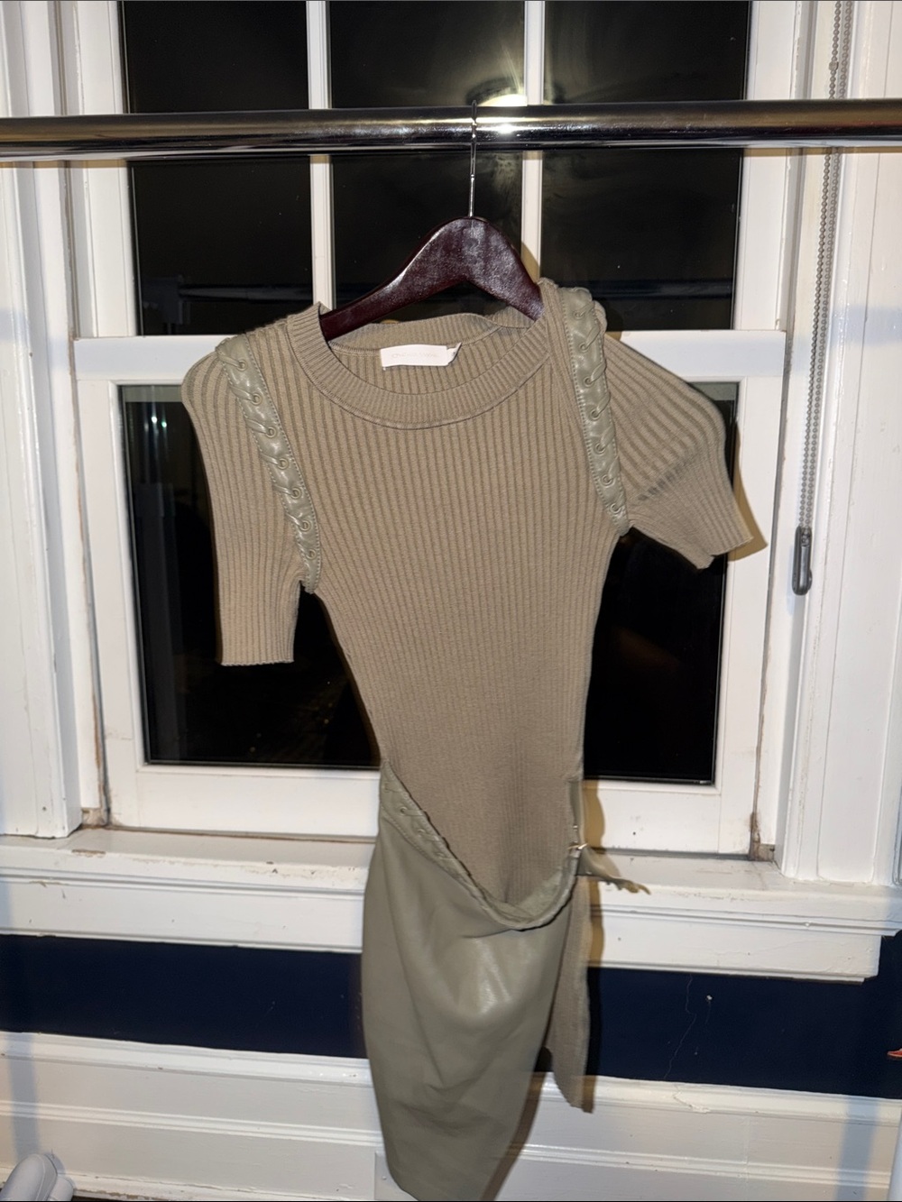 Jonathan Simkhai Olive Ribbed Short-Sleeve Knit Top with Braided Detail